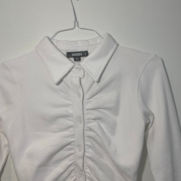 White Ribbed Long Sleeve Ruched Mini Dress - Picture 4 of 6